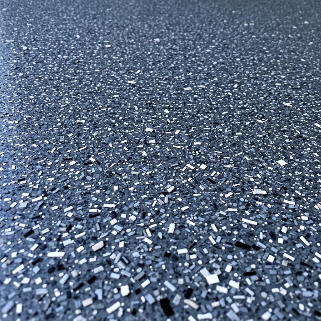 Close-up of broadcast flake polyaspartic floor coating