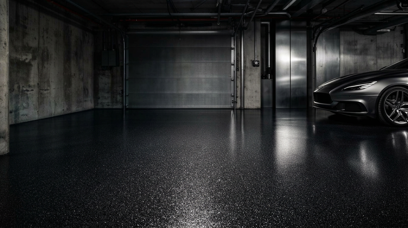 Premium dark flake garage floor coating in a luxury garage