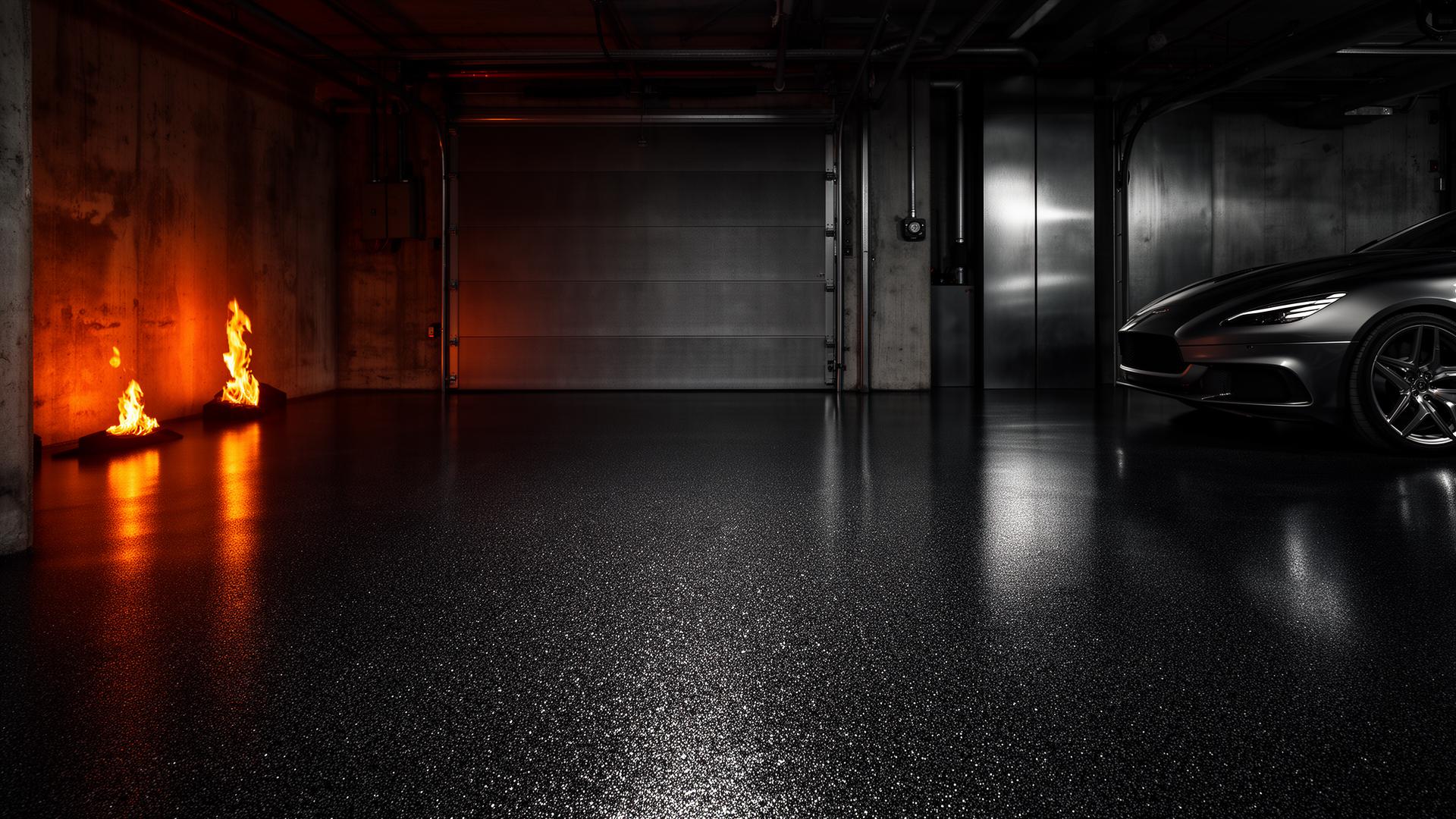 Premium dark flake garage floor coating in a luxury garage